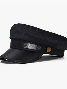 Black Baker Boy Cap with Faux Leather Brim